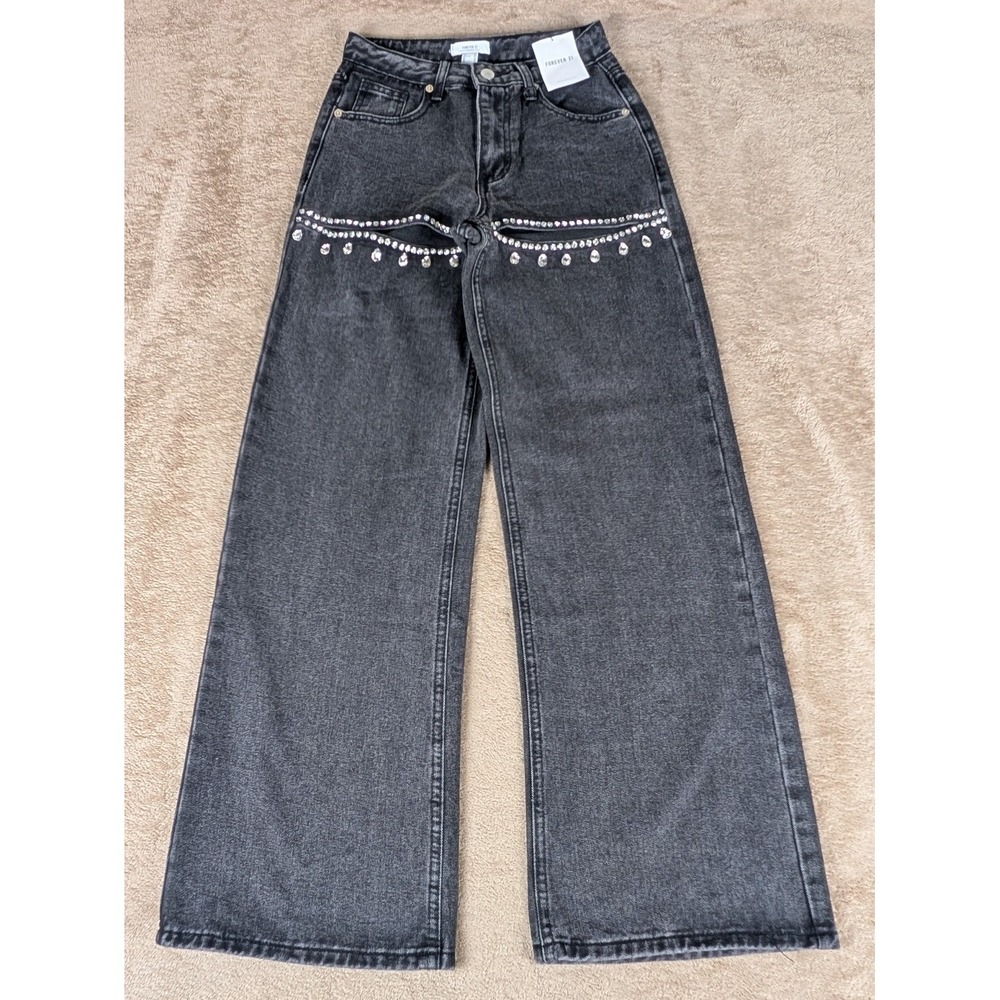 Forever 21 Premium 24 Women's Washed Black Jeans Rhinestone Slits NWT (26 x 31)